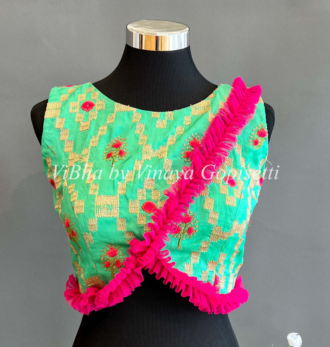 Blouses - Turquoise Green And Pink Frilled Angrakha Cut Blouse