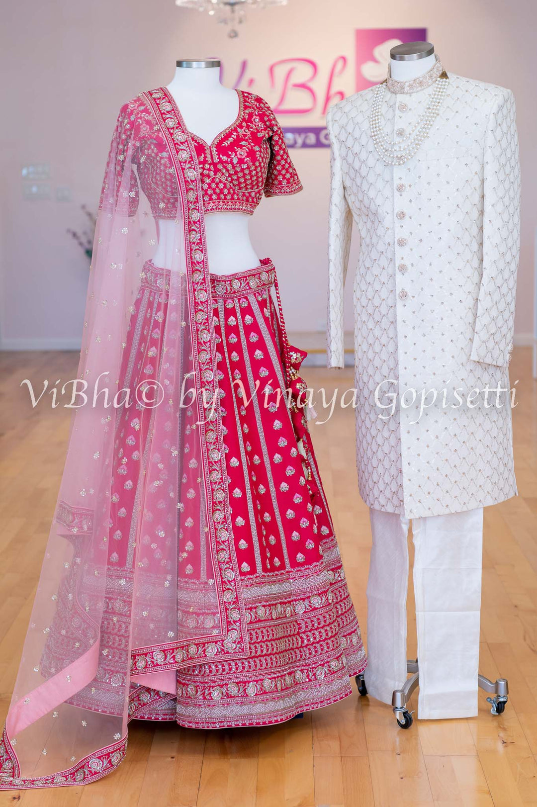 Bridal - Hand Embroidered Dark Pink Lehenga & Ivory Sherwani Set