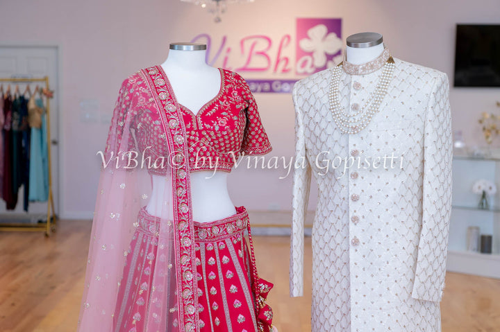 Bridal - Hand Embroidered Dark Pink Lehenga & Ivory Sherwani Set