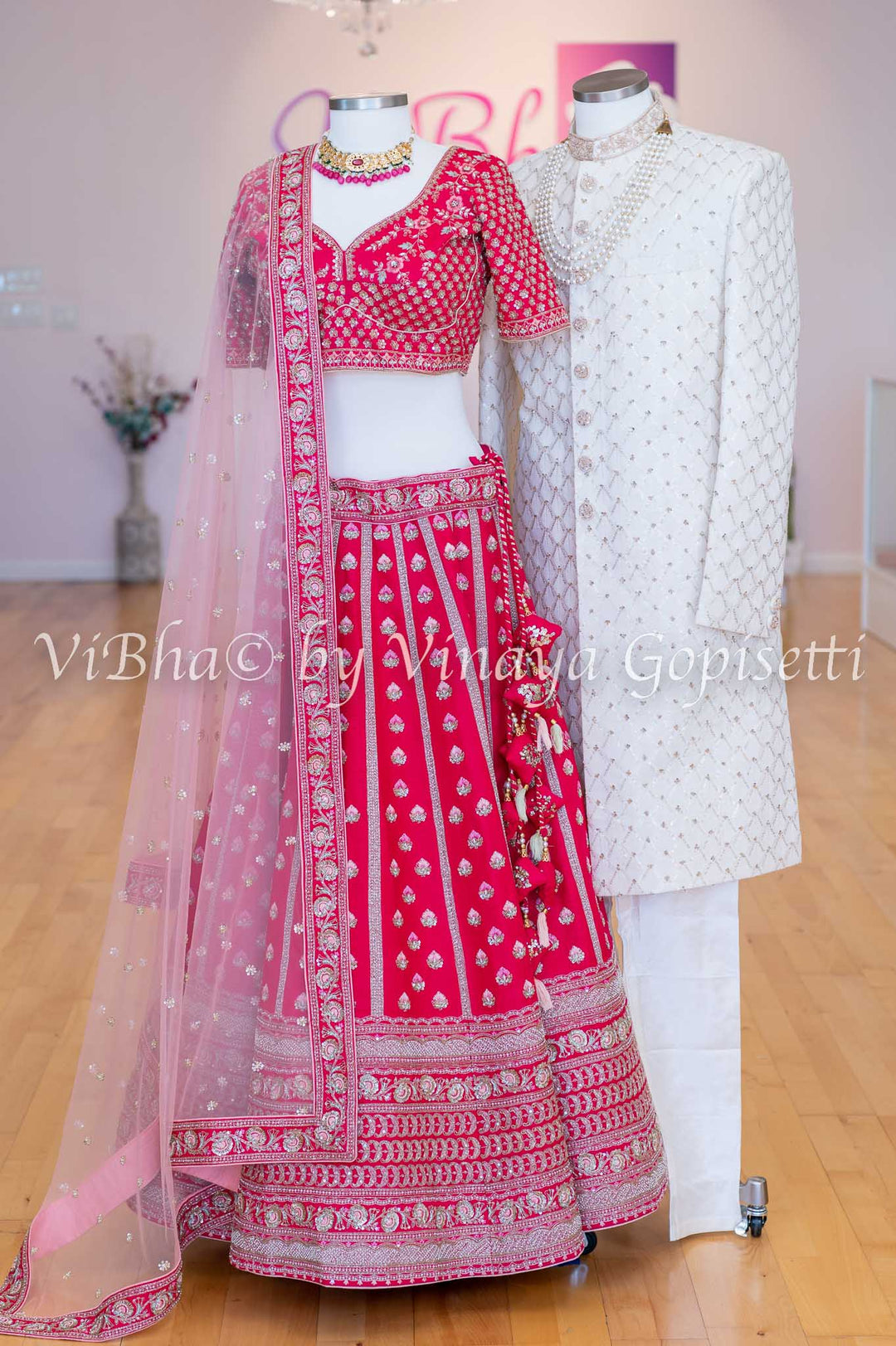 Bridal - Hand Embroidered Dark Pink Lehenga & Ivory Sherwani Set