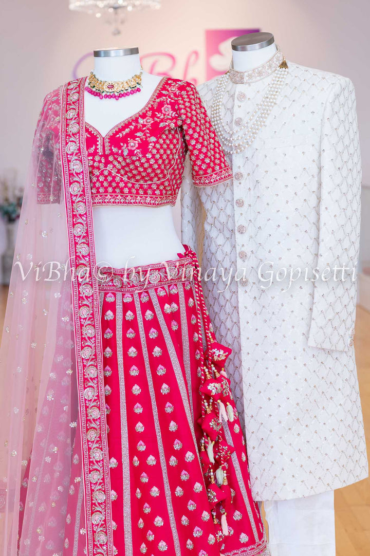 Bridal - Hand Embroidered Dark Pink Lehenga & Ivory Sherwani Set