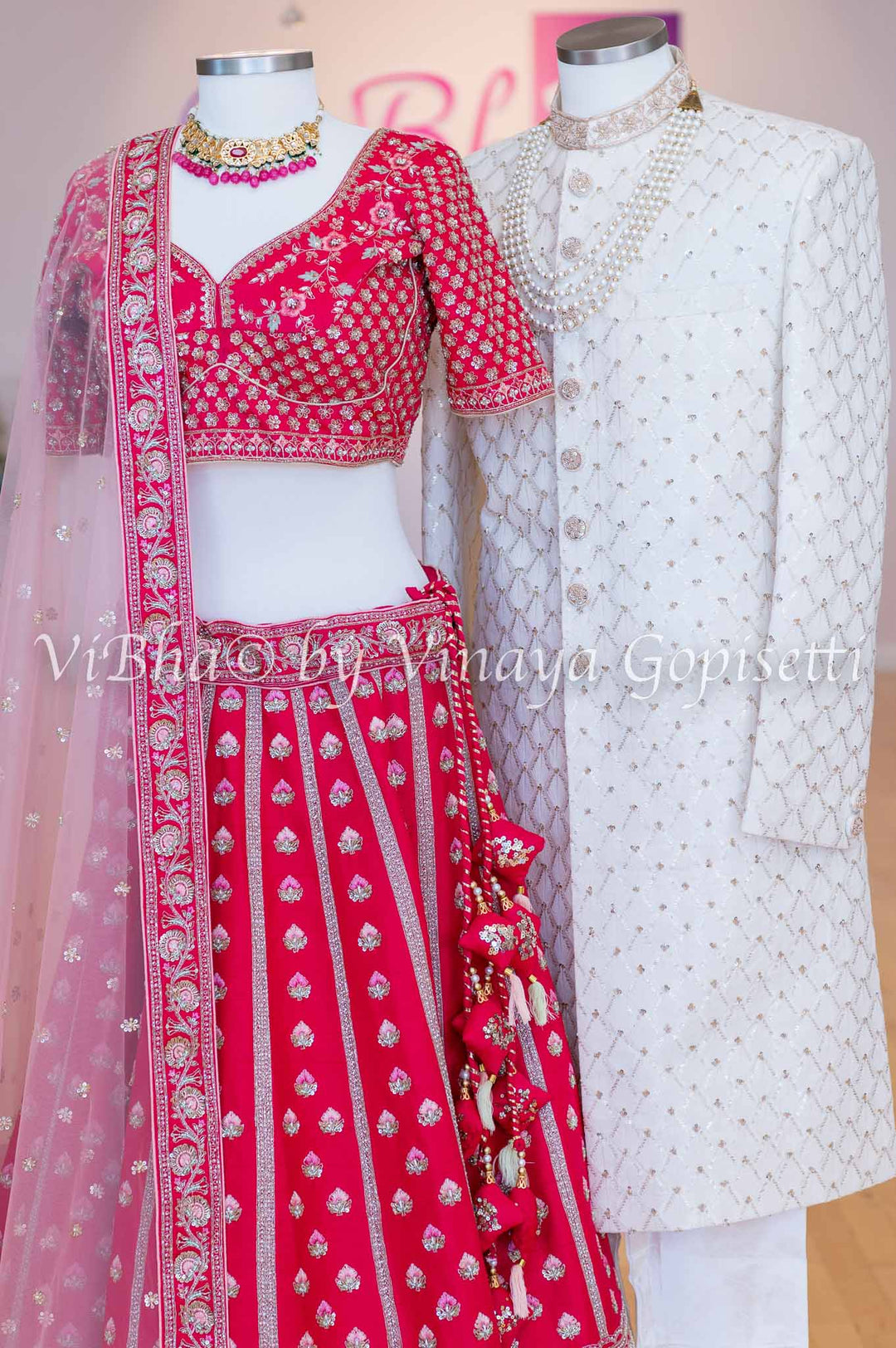 Bridal - Hand Embroidered Dark Pink Lehenga & Ivory Sherwani Set