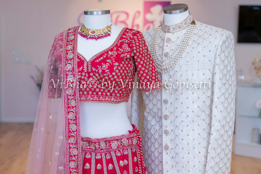 Bridal - Hand Embroidered Dark Pink Lehenga & Ivory Sherwani Set