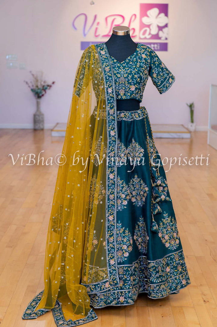 Bridal Lehengas - Alpine Green And Yellow Embroidered Lehenga Set