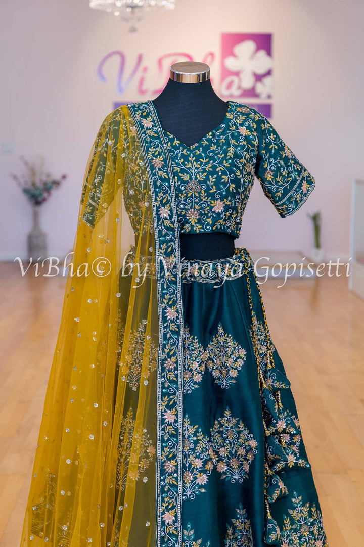 Bridal Lehengas - Alpine Green And Yellow Embroidered Lehenga Set