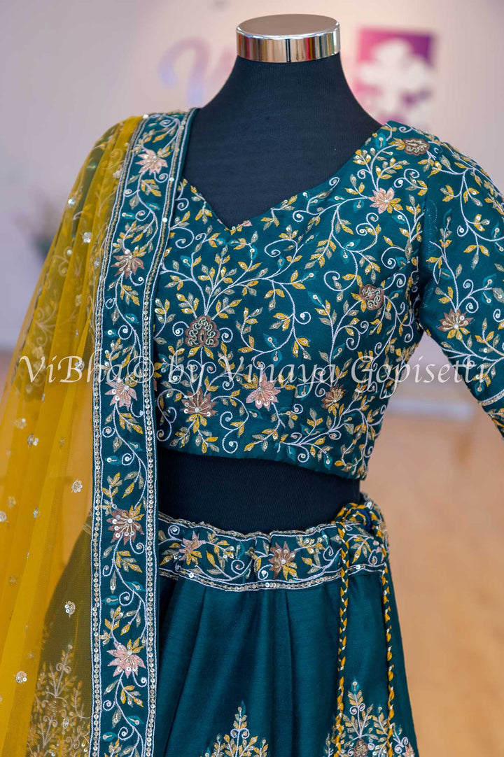 Bridal Lehengas - Alpine Green And Yellow Embroidered Lehenga Set