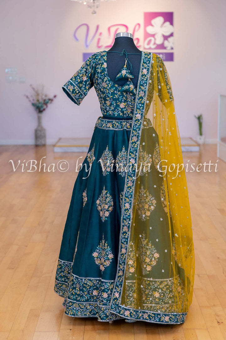 Bridal Lehengas - Alpine Green And Yellow Embroidered Lehenga Set