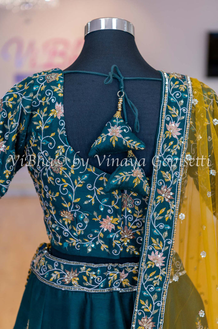 Bridal Lehengas - Alpine Green And Yellow Embroidered Lehenga Set