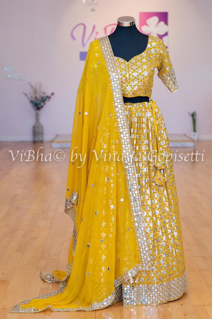 Bridal Lehengas - Amber Yellow Sequins And Faux Mirror Embroidered Lehenga Set