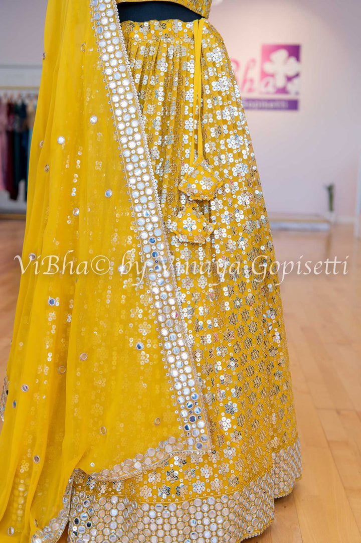 Bridal Lehengas - Amber Yellow Sequins And Faux Mirror Embroidered Lehenga Set