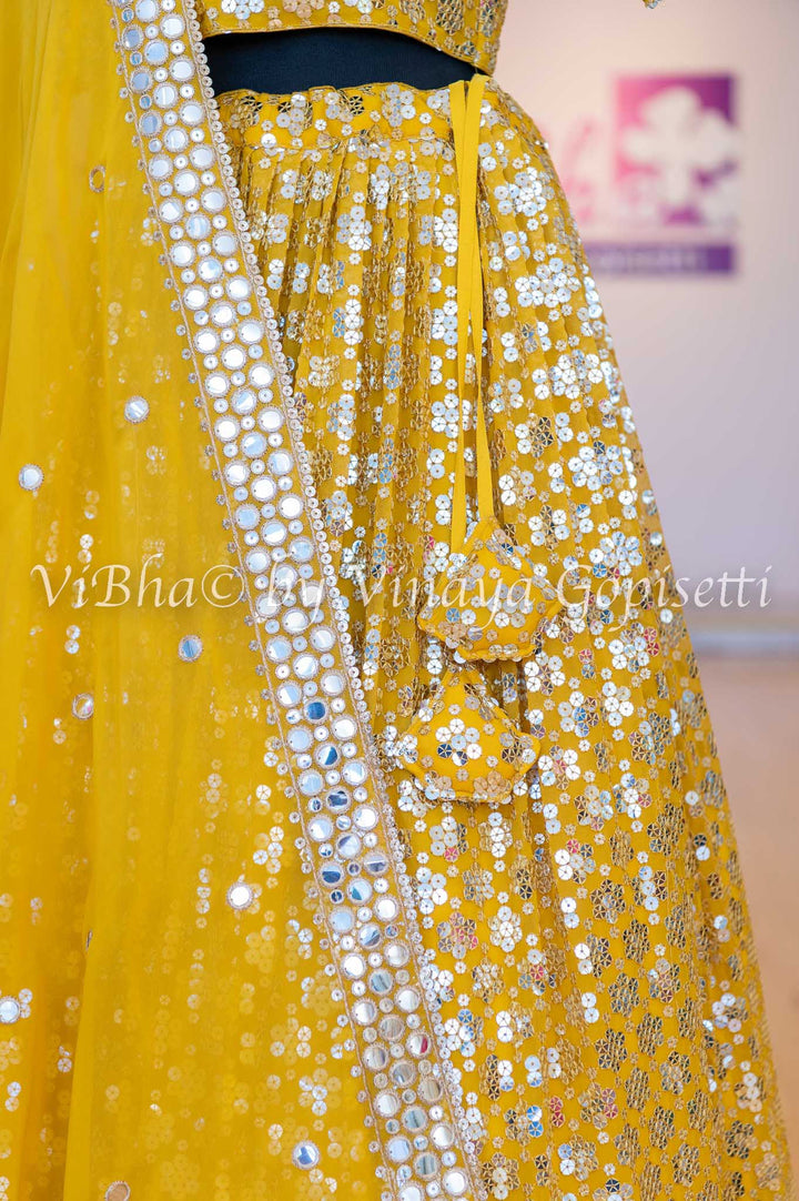 Bridal Lehengas - Amber Yellow Sequins And Faux Mirror Embroidered Lehenga Set