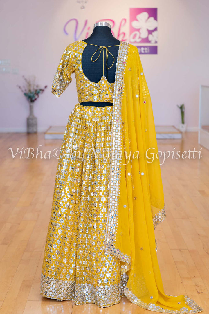 Bridal Lehengas - Amber Yellow Sequins And Faux Mirror Embroidered Lehenga Set