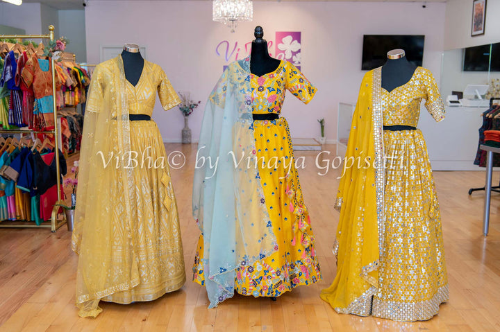 Bridal Lehengas - Amber Yellow Sequins And Faux Mirror Embroidered Lehenga Set