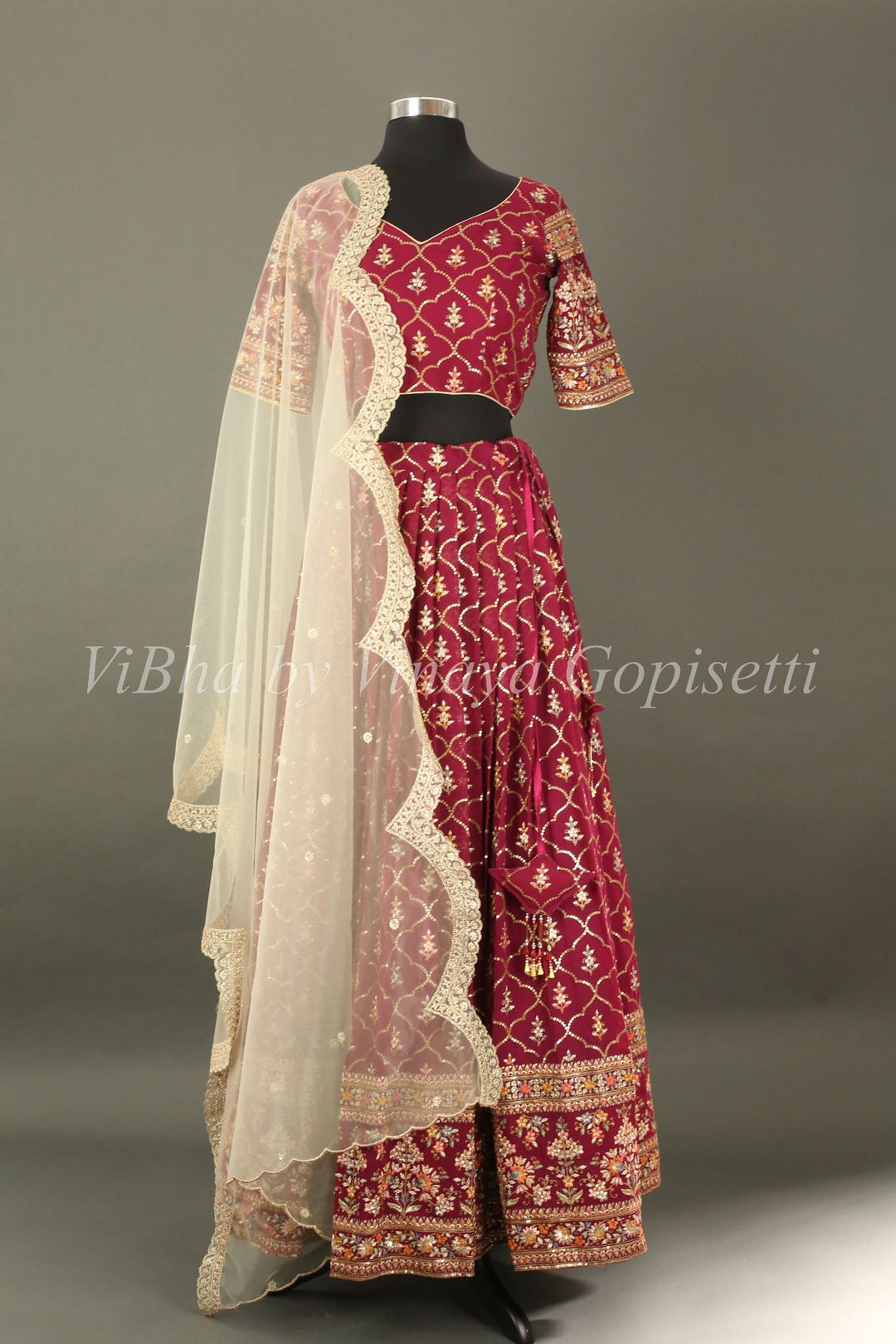 Bridal Lehengas - Antique Ruby And Gold All Over Embroidered Lehenga Set