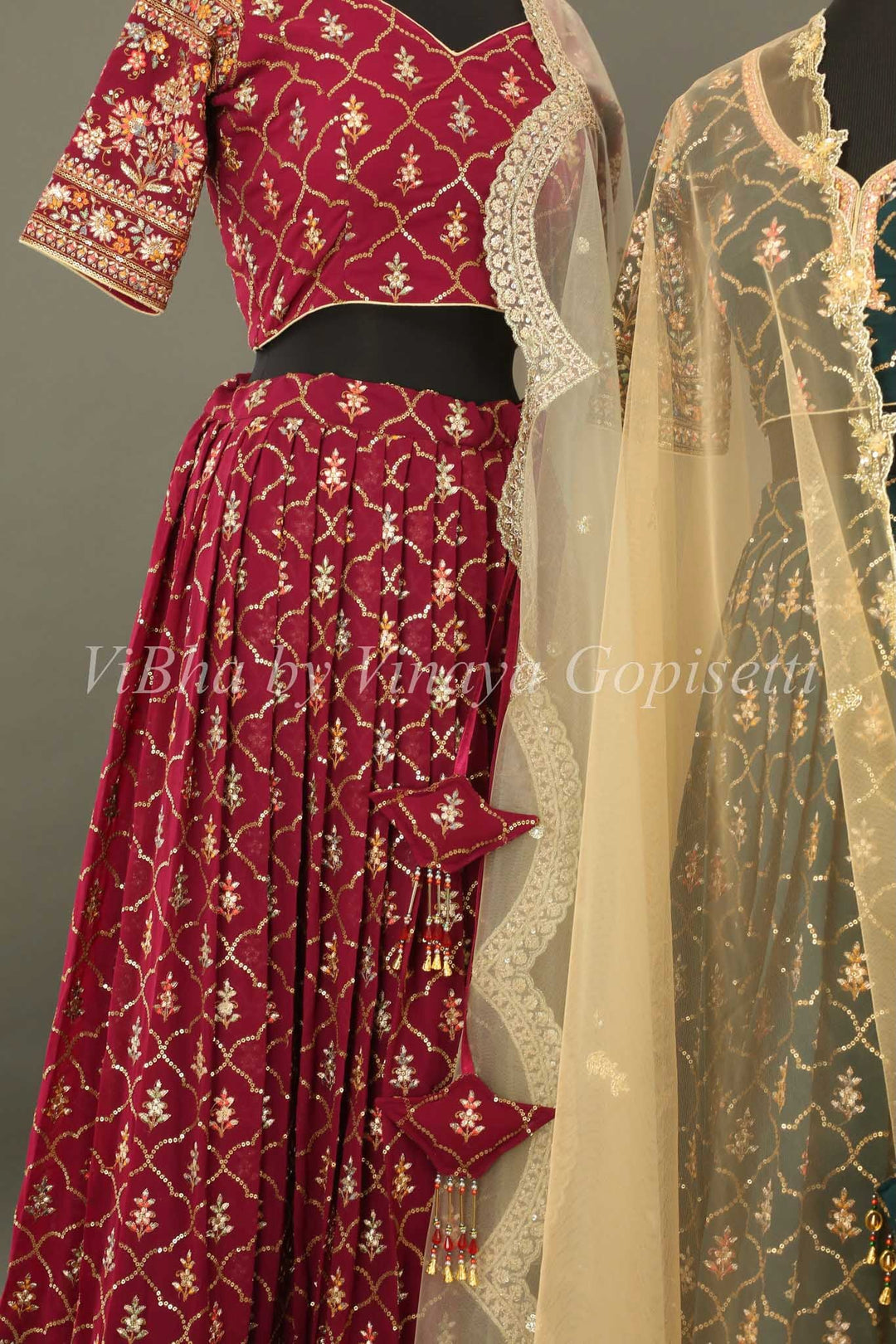 Bridal Lehengas - Antique Ruby And Gold All Over Embroidered Lehenga Set