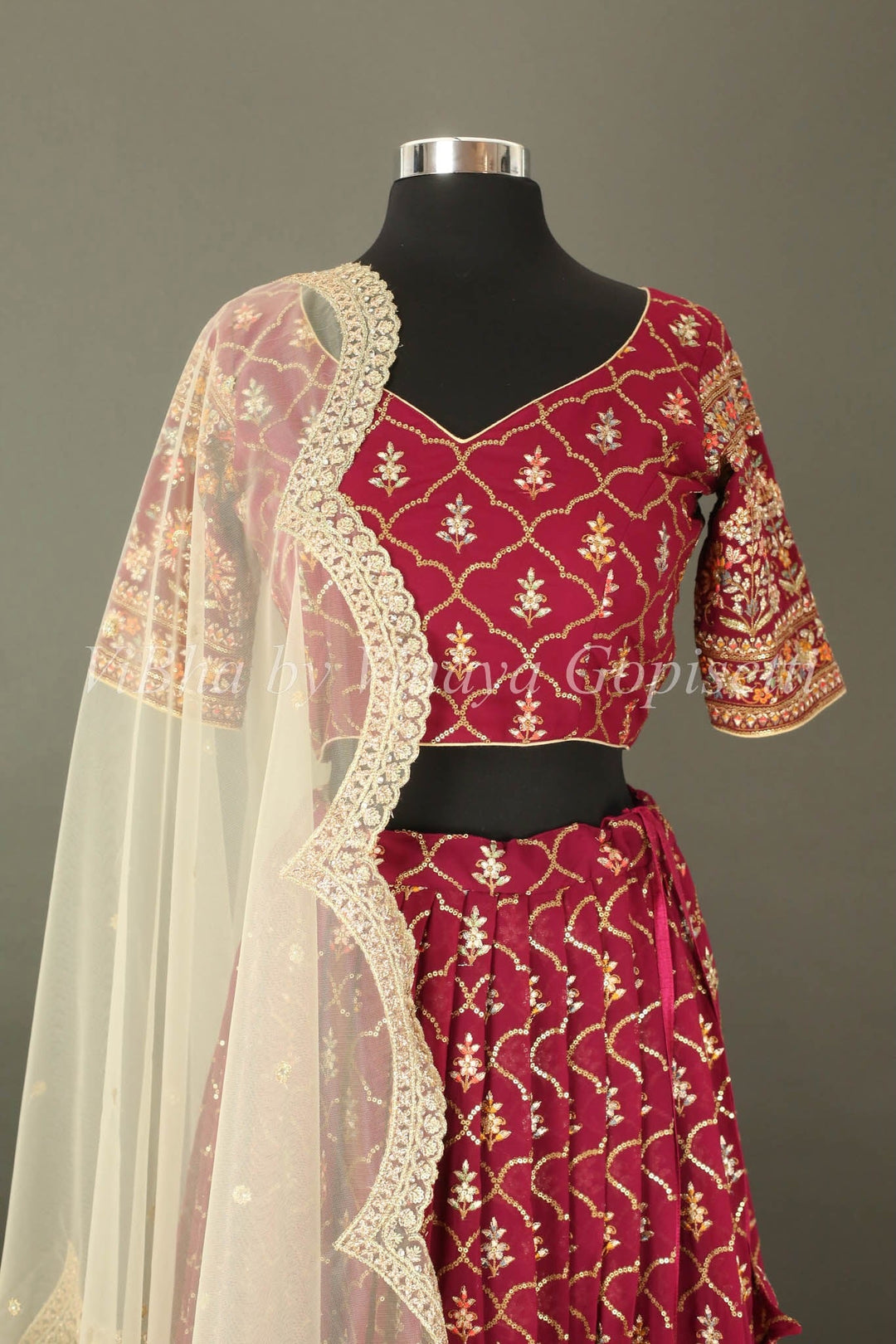 Bridal Lehengas - Antique Ruby And Gold All Over Embroidered Lehenga Set