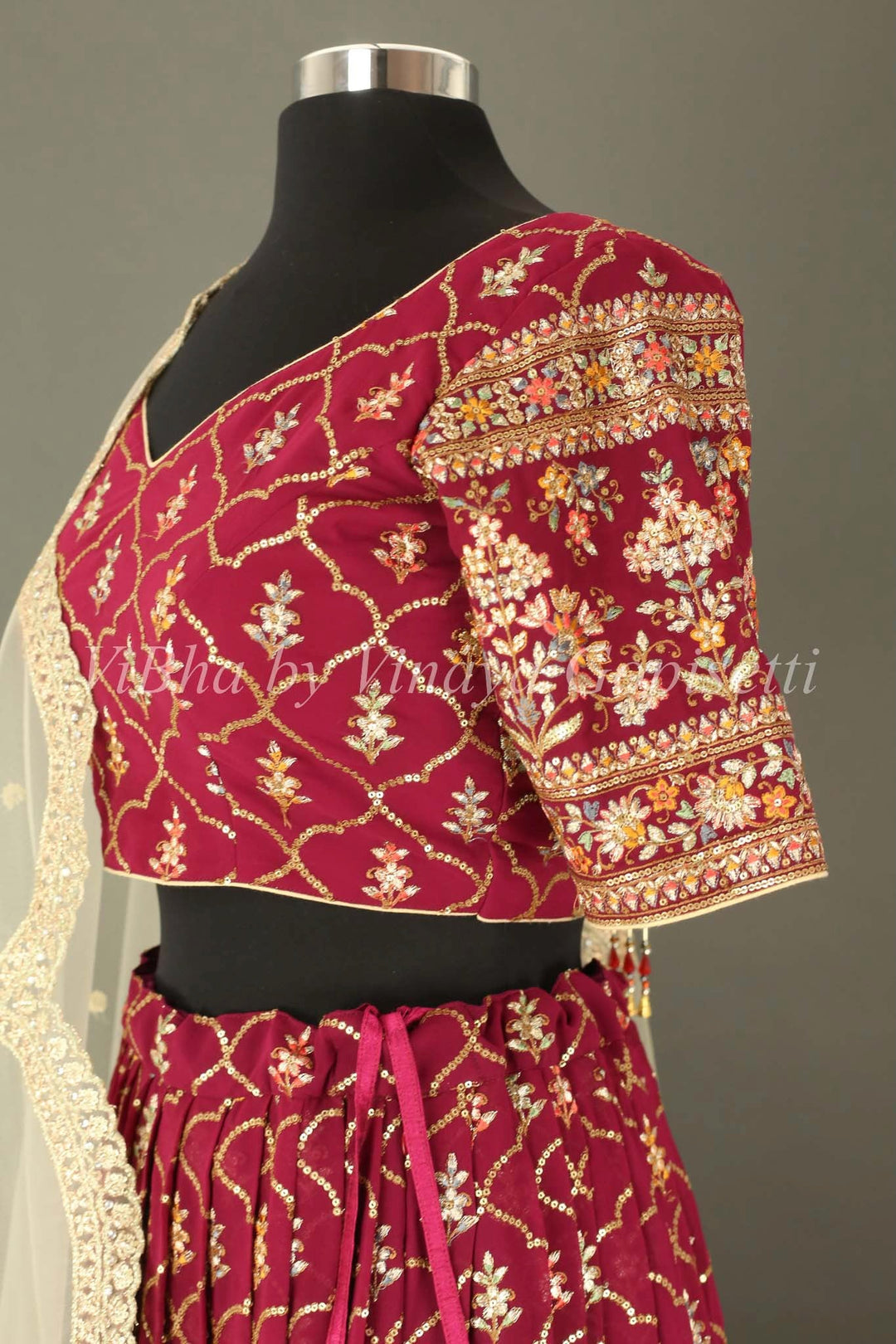 Bridal Lehengas - Antique Ruby And Gold All Over Embroidered Lehenga Set