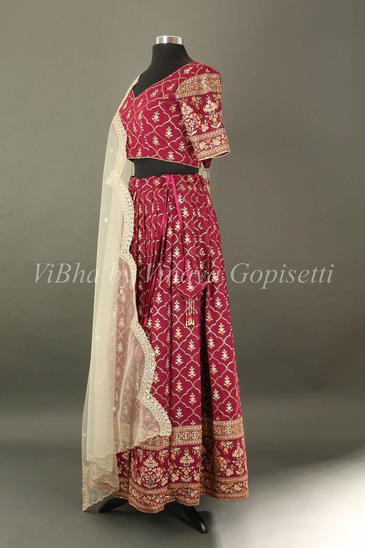 Bridal Lehengas - Antique Ruby And Gold All Over Embroidered Lehenga Set