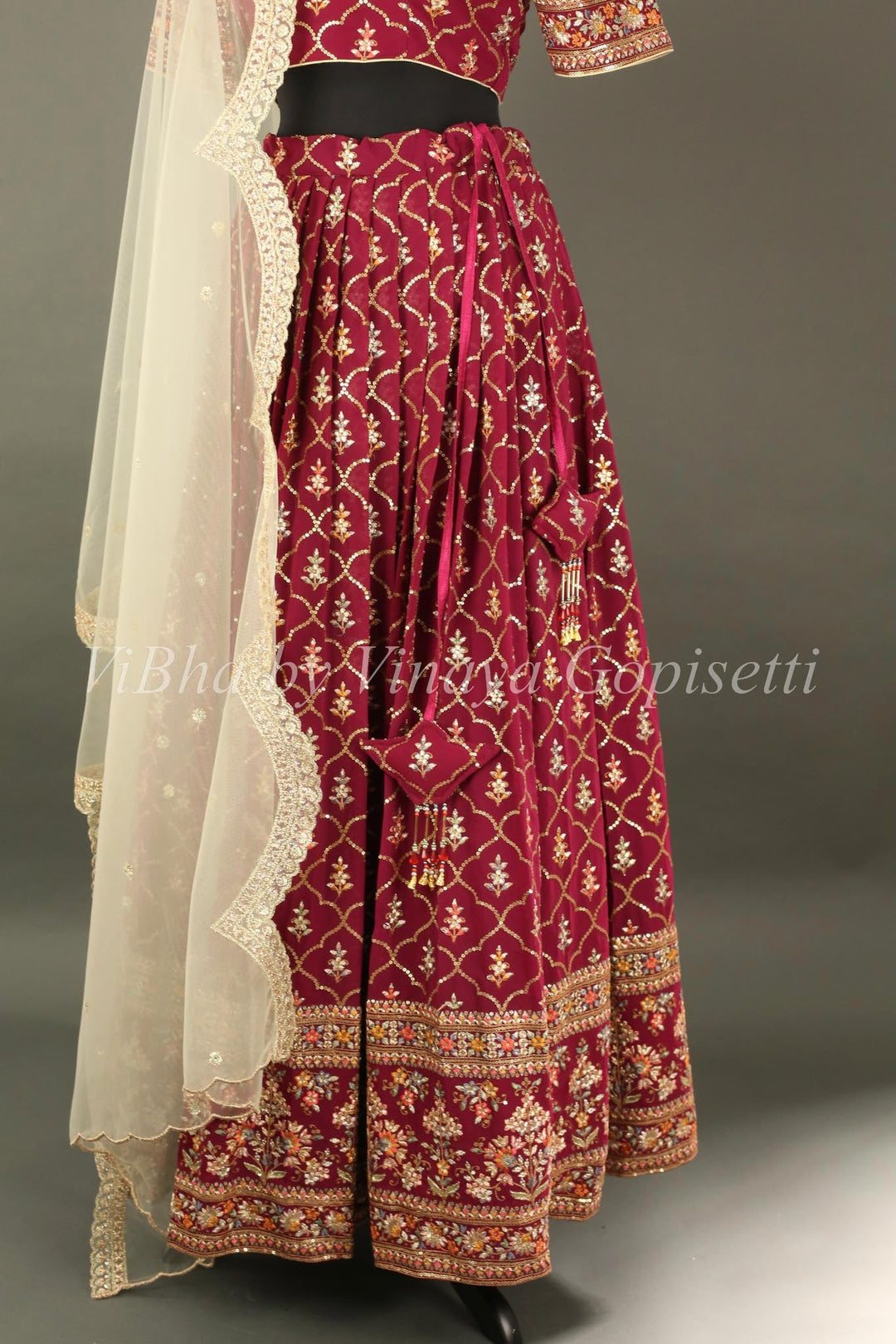 Bridal Lehengas - Antique Ruby And Gold All Over Embroidered Lehenga Set