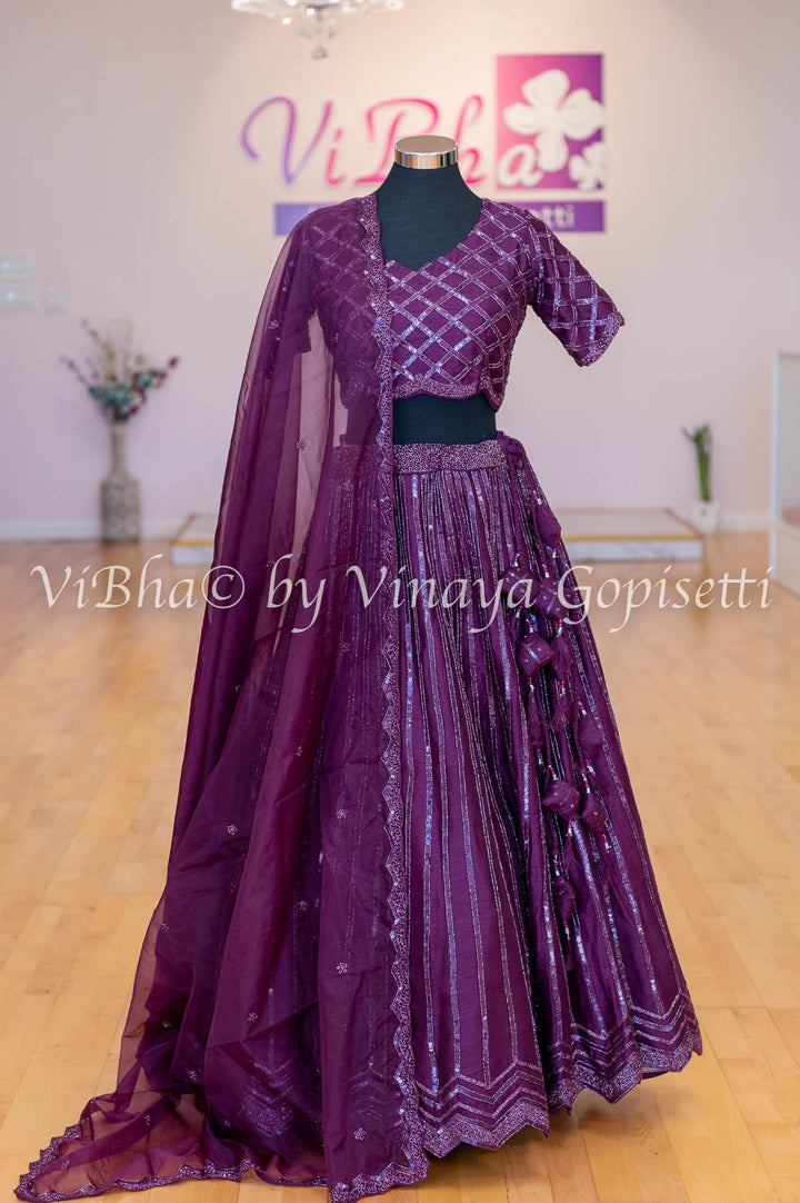 Bridal Lehengas - Burgundy Stone And Crystal Embellished Lehenga Set