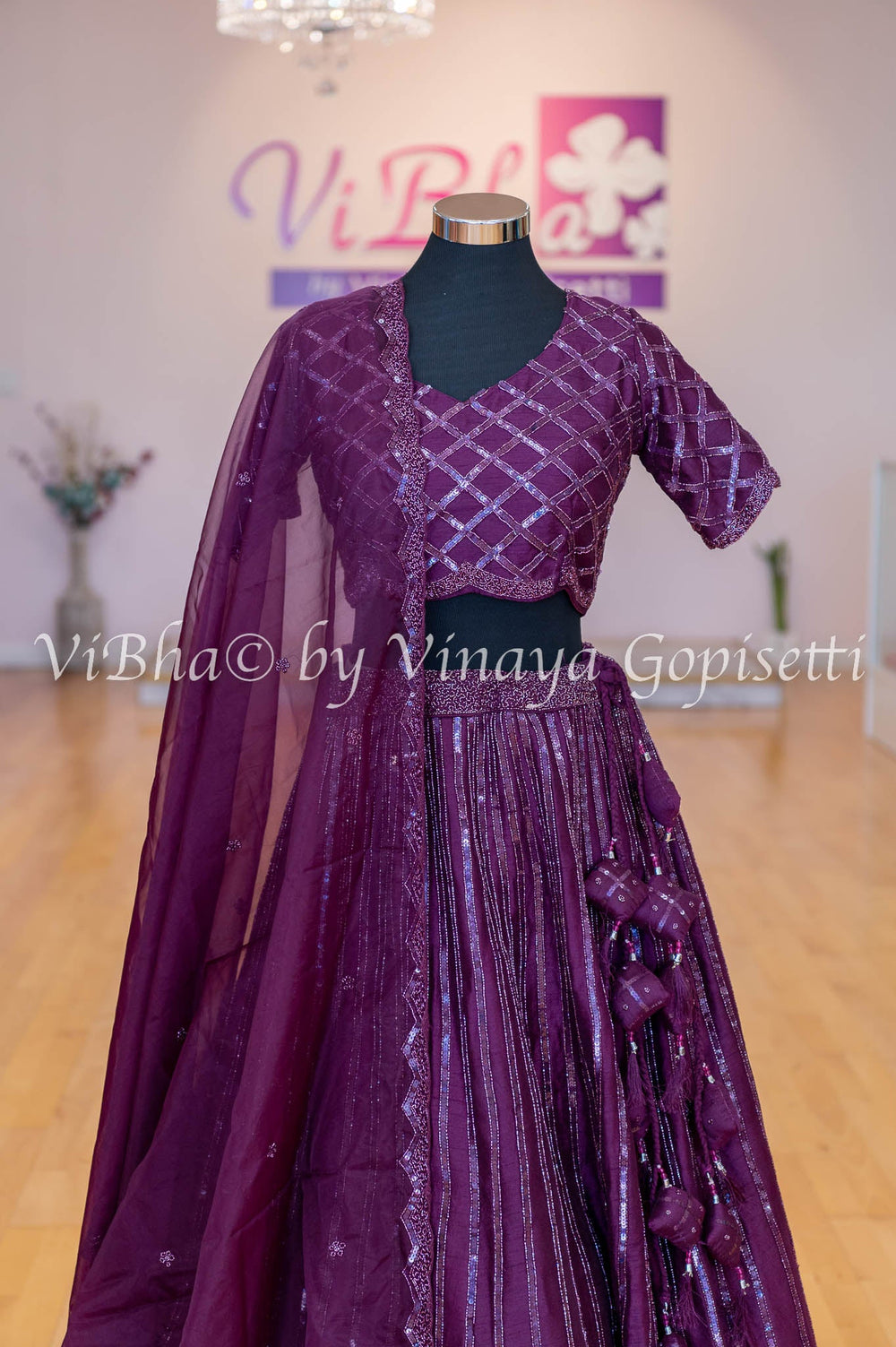 Bridal Lehengas - Burgundy Stone And Crystal Embellished Lehenga Set