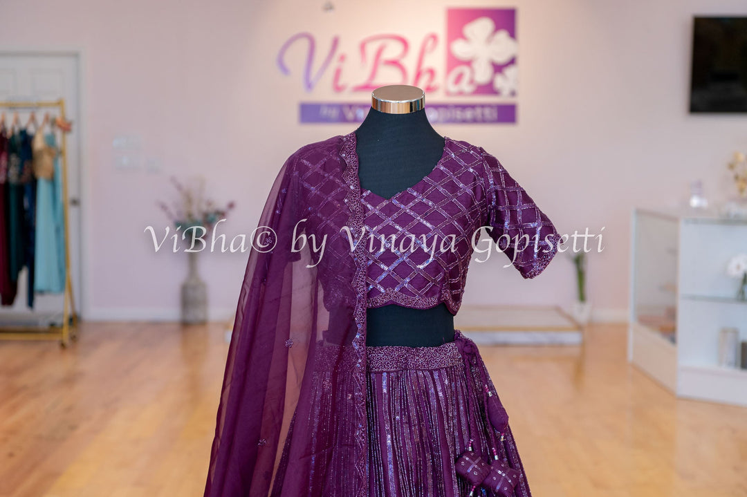 Bridal Lehengas - Burgundy Stone And Crystal Embellished Lehenga Set