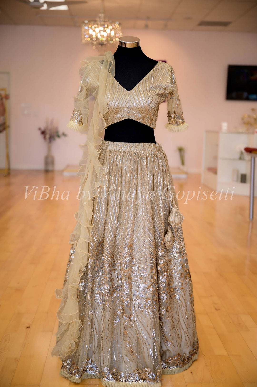 Bridal Lehengas - Champagne Gold Sequins And Cut Dana Embroidered Lehenga Set