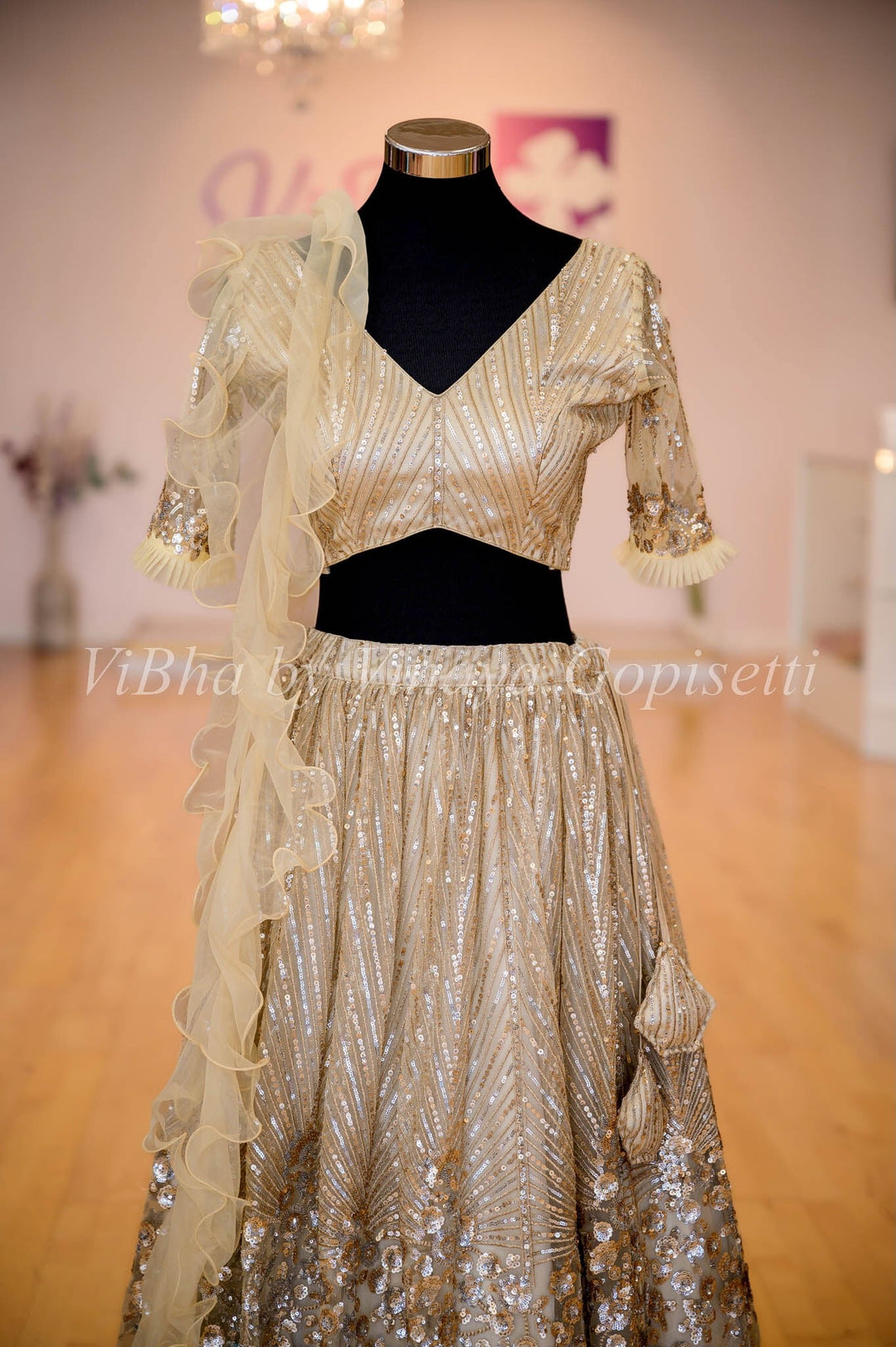 Bridal Lehengas - Champagne Gold Sequins And Cut Dana Embroidered Lehenga Set