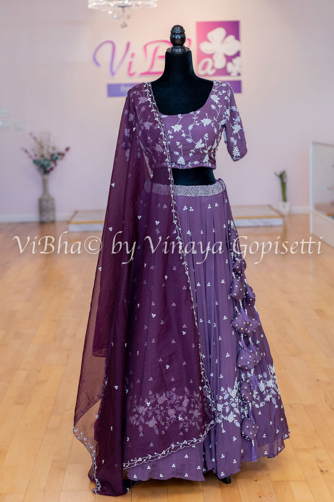 Bridal Lehengas - Dark Mauve And Burgundy Pearl Embroidery Lehenga Set