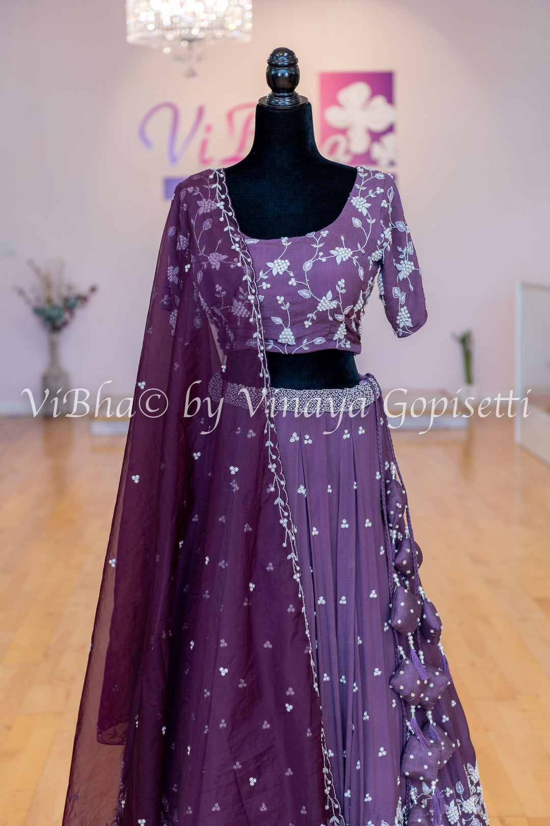 Bridal Lehengas - Dark Mauve And Burgundy Pearl Embroidery Lehenga Set