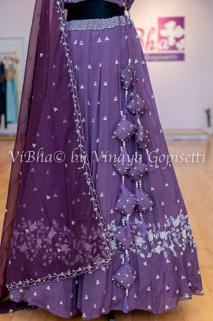 Bridal Lehengas - Dark Mauve And Burgundy Pearl Embroidery Lehenga Set