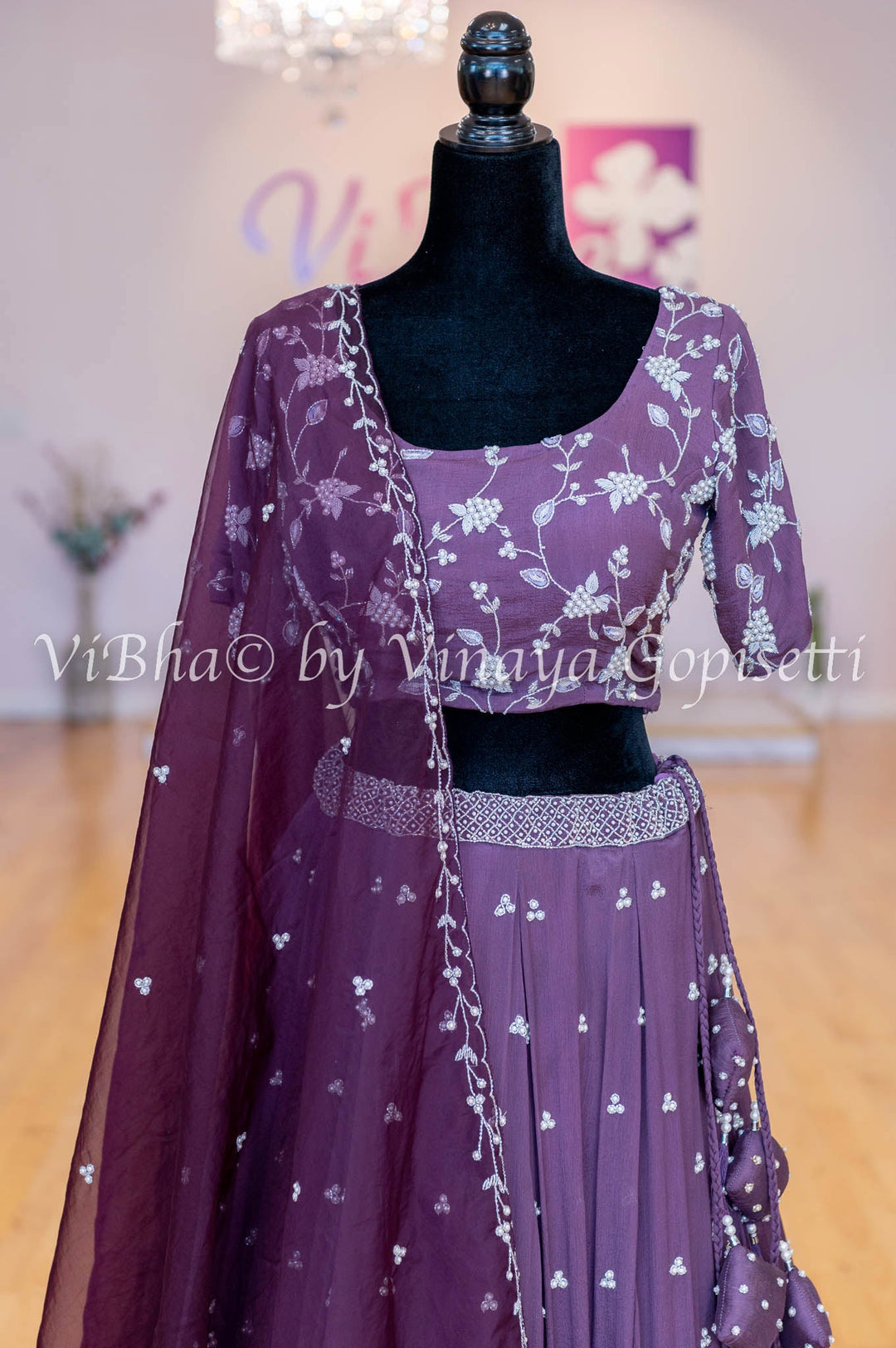 Bridal Lehengas - Dark Mauve And Burgundy Pearl Embroidery Lehenga Set