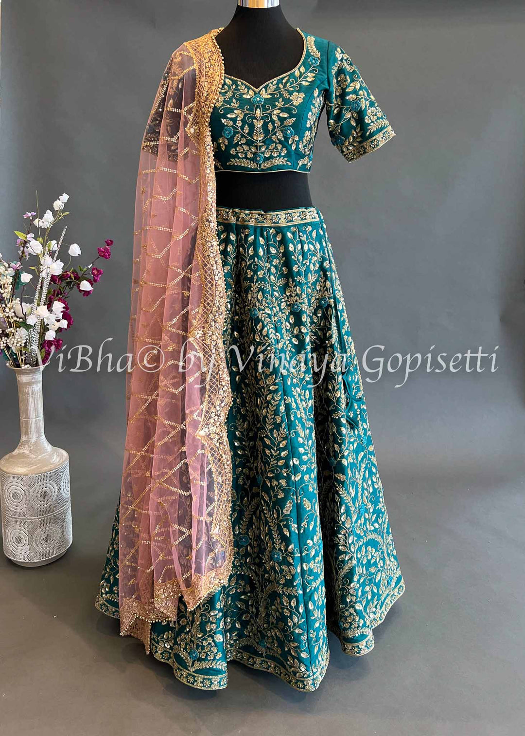 Bridal Lehengas - Deep Teal Lehenga Set With All Over Zari And Gotapatti Embroidery With Contrast Light Pink Embroidered Dupatta