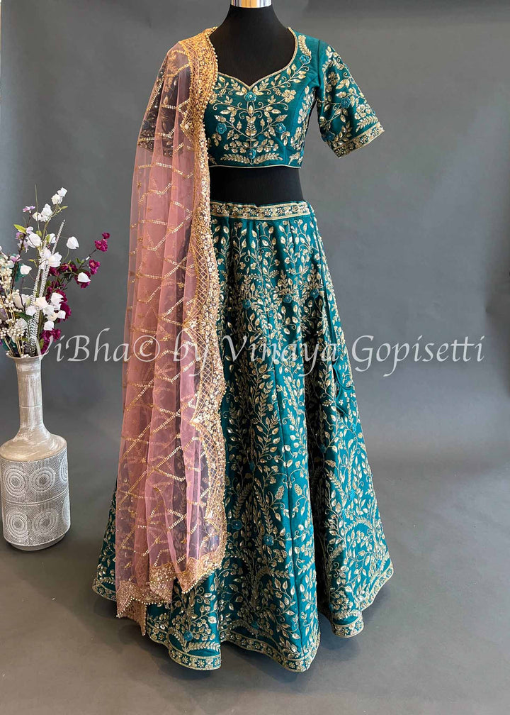 Bridal Lehengas - Deep Teal Lehenga Set With All Over Zari And Gotapatti Embroidery With Contrast Light Pink Embroidered Dupatta