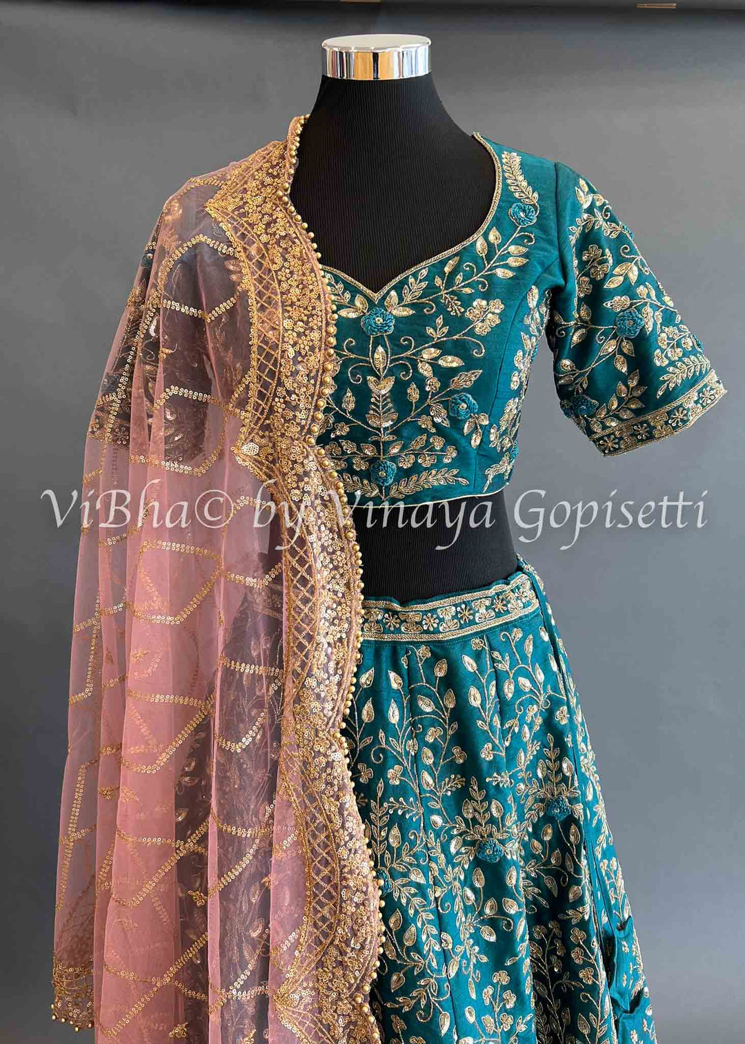 Bridal Lehengas - Deep Teal Lehenga Set With All Over Zari And Gotapatti Embroidery With Contrast Light Pink Embroidered Dupatta