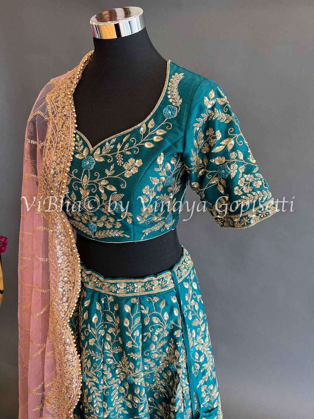 Bridal Lehengas - Deep Teal Lehenga Set With All Over Zari And Gotapatti Embroidery With Contrast Light Pink Embroidered Dupatta