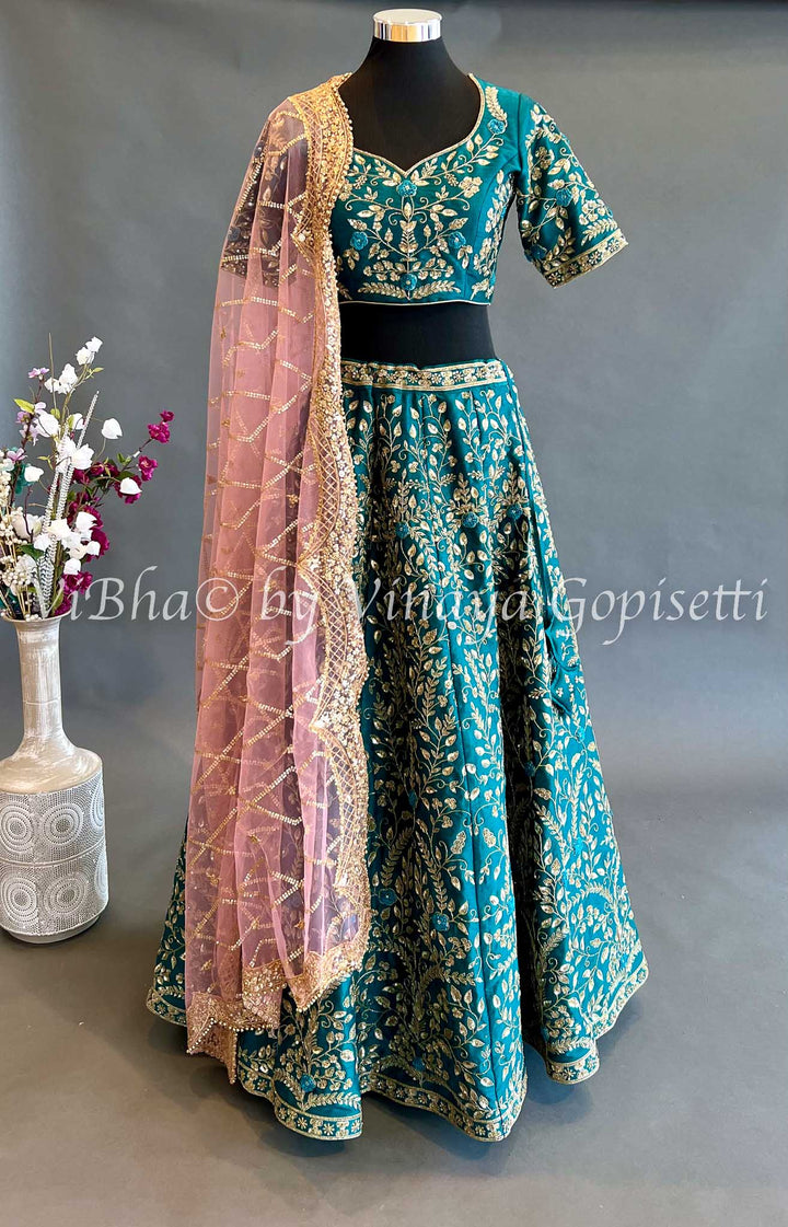 Bridal Lehengas - Deep Teal Lehenga Set With All Over Zari And Gotapatti Embroidery With Contrast Light Pink Embroidered Dupatta