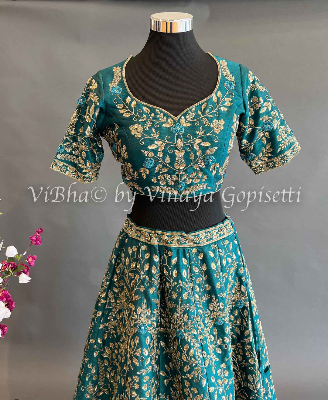 Bridal Lehengas - Deep Teal Lehenga Set With All Over Zari And Gotapatti Embroidery With Contrast Light Pink Embroidered Dupatta