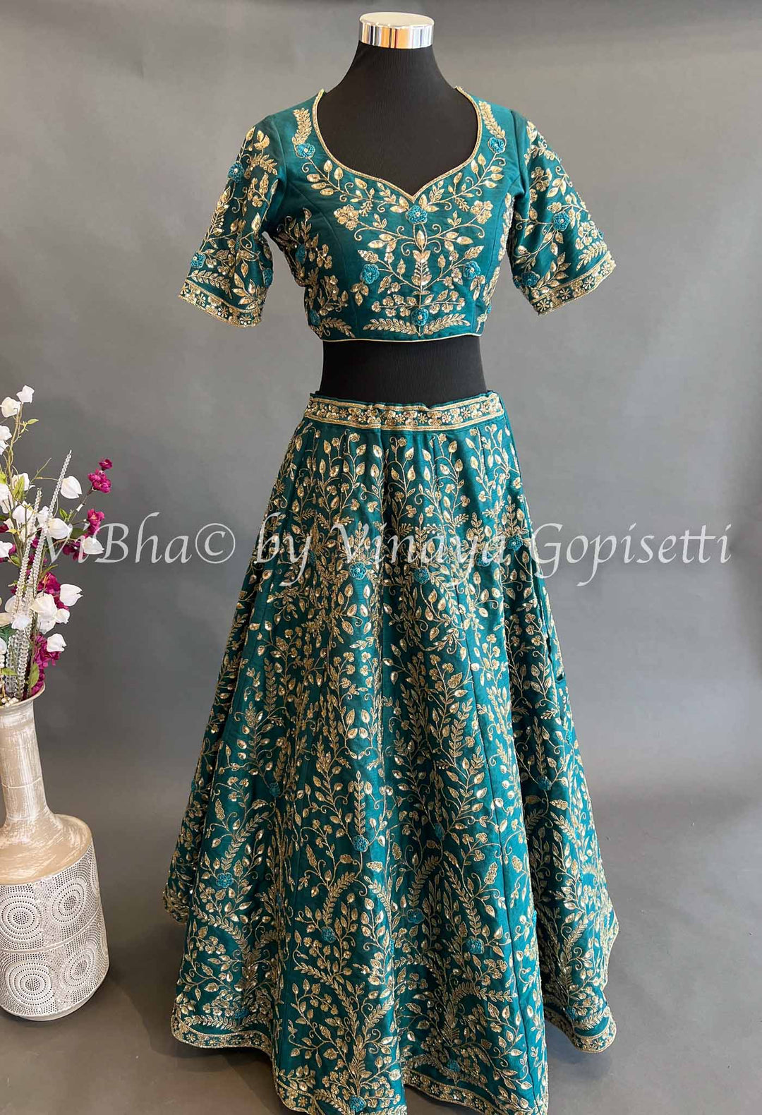 Bridal Lehengas - Deep Teal Lehenga Set With All Over Zari And Gotapatti Embroidery With Contrast Light Pink Embroidered Dupatta