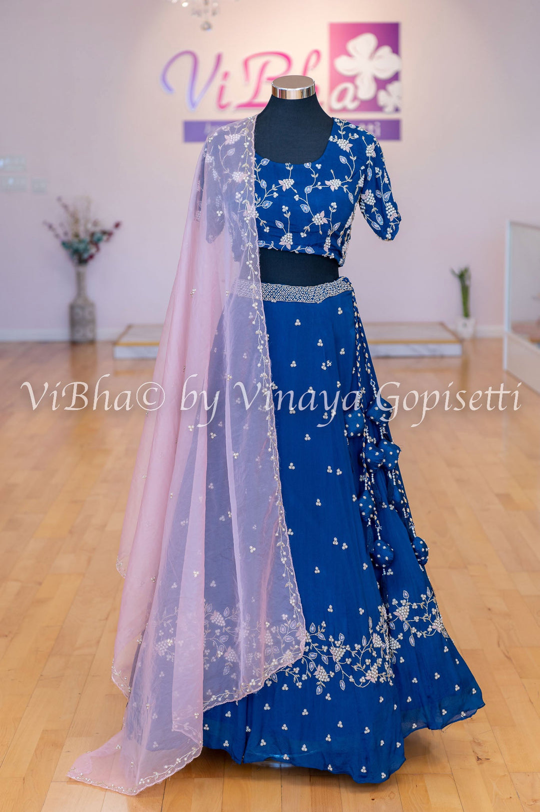 Bridal Lehengas - Ink Blue And Pastel Pink Pearl Embroidery Lehenga Set