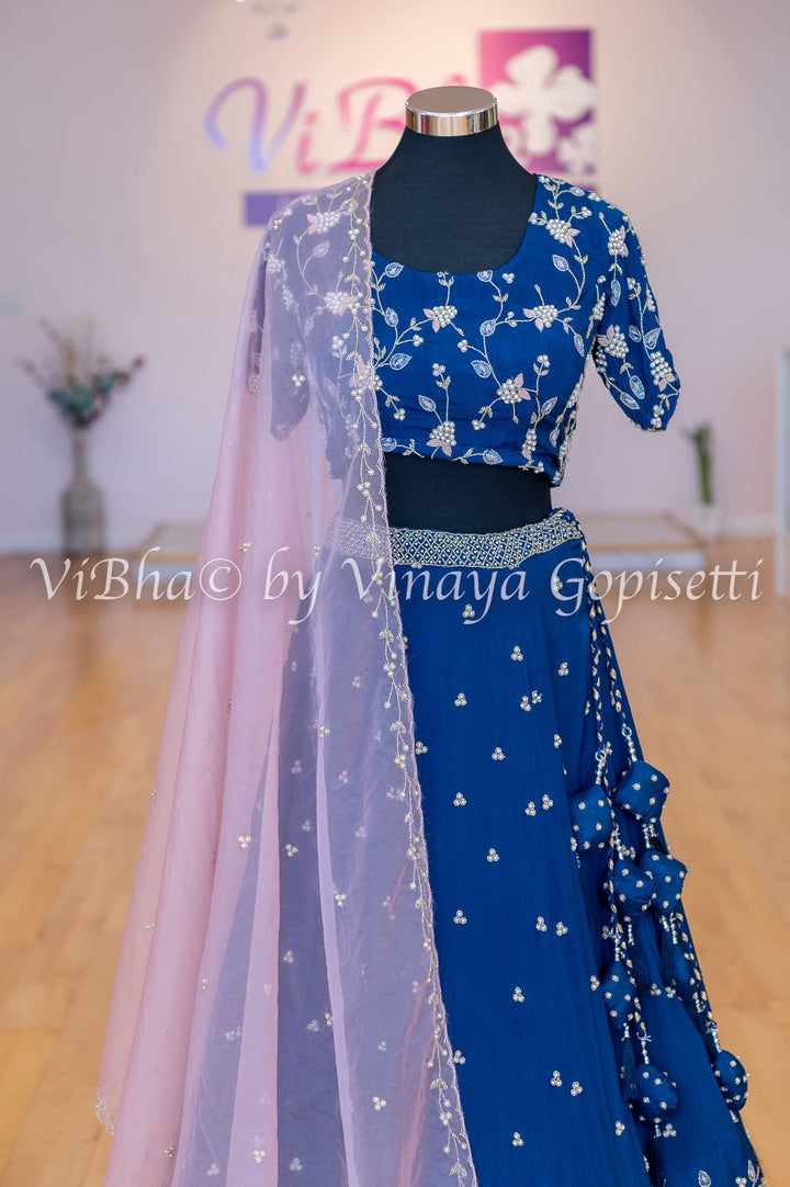 Bridal Lehengas - Ink Blue And Pastel Pink Pearl Embroidery Lehenga Set