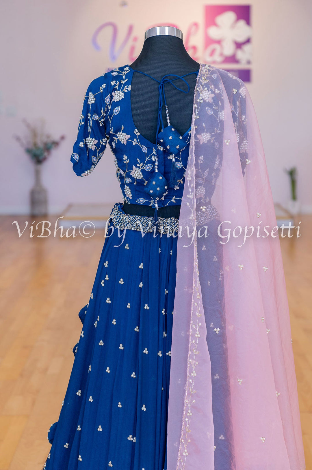 Bridal Lehengas - Ink Blue And Pastel Pink Pearl Embroidery Lehenga Set