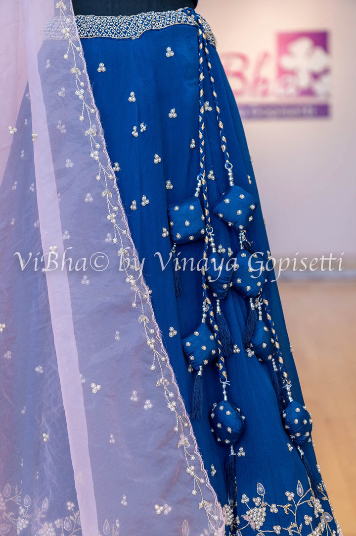 Bridal Lehengas - Ink Blue And Pastel Pink Pearl Embroidery Lehenga Set