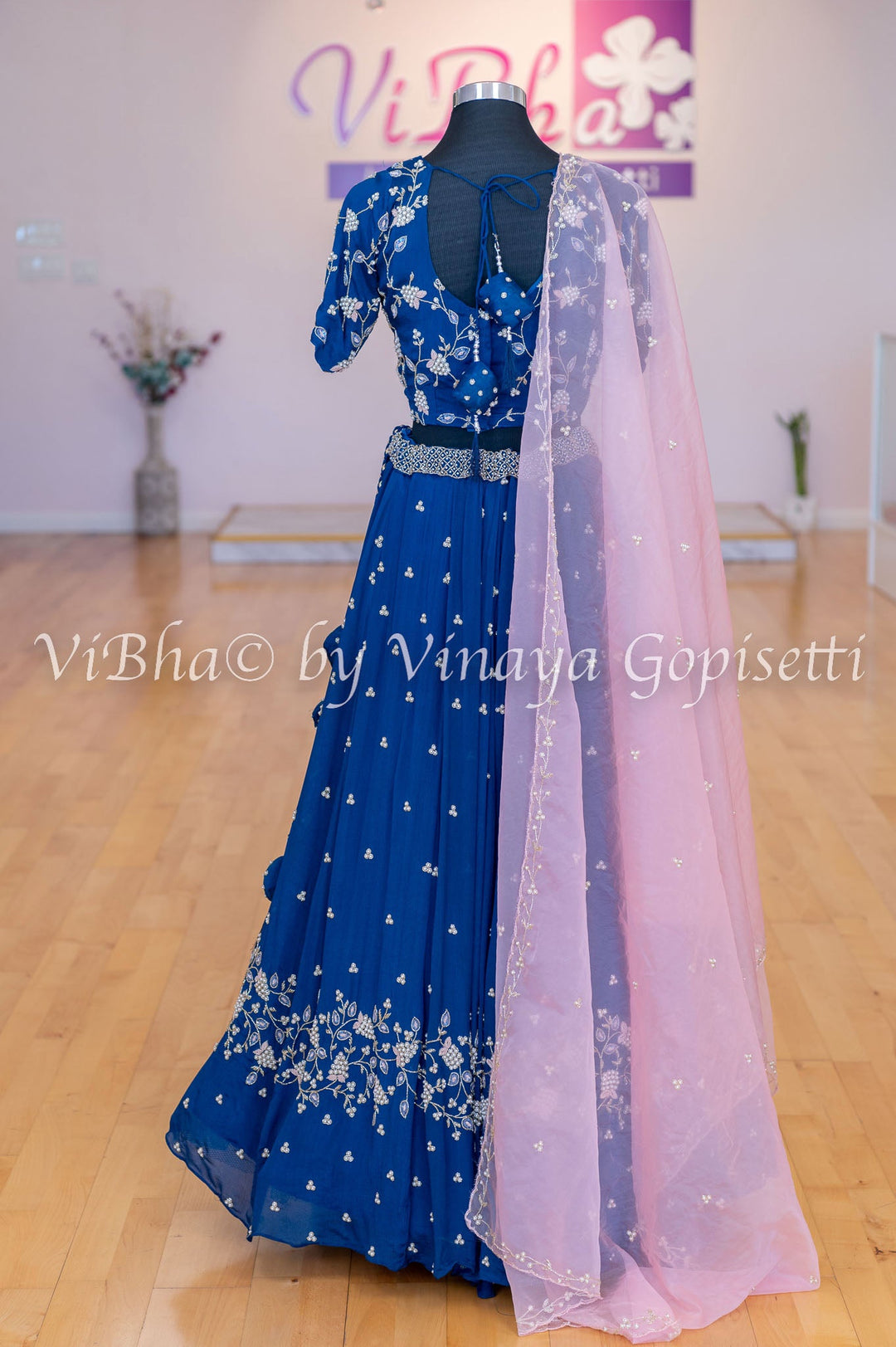 Bridal Lehengas - Ink Blue And Pastel Pink Pearl Embroidery Lehenga Set