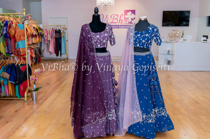 Bridal Lehengas - Ink Blue And Pastel Pink Pearl Embroidery Lehenga Set