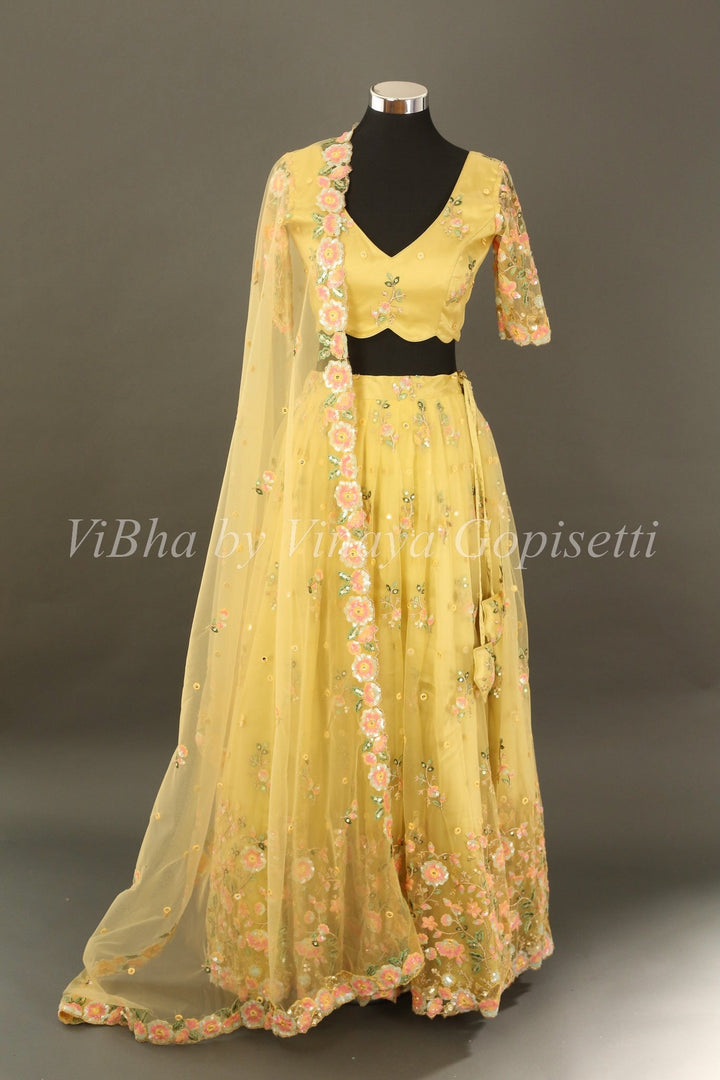 Bridal Lehengas - Macaroon Yellow Floral Embroidered Lehenga Set