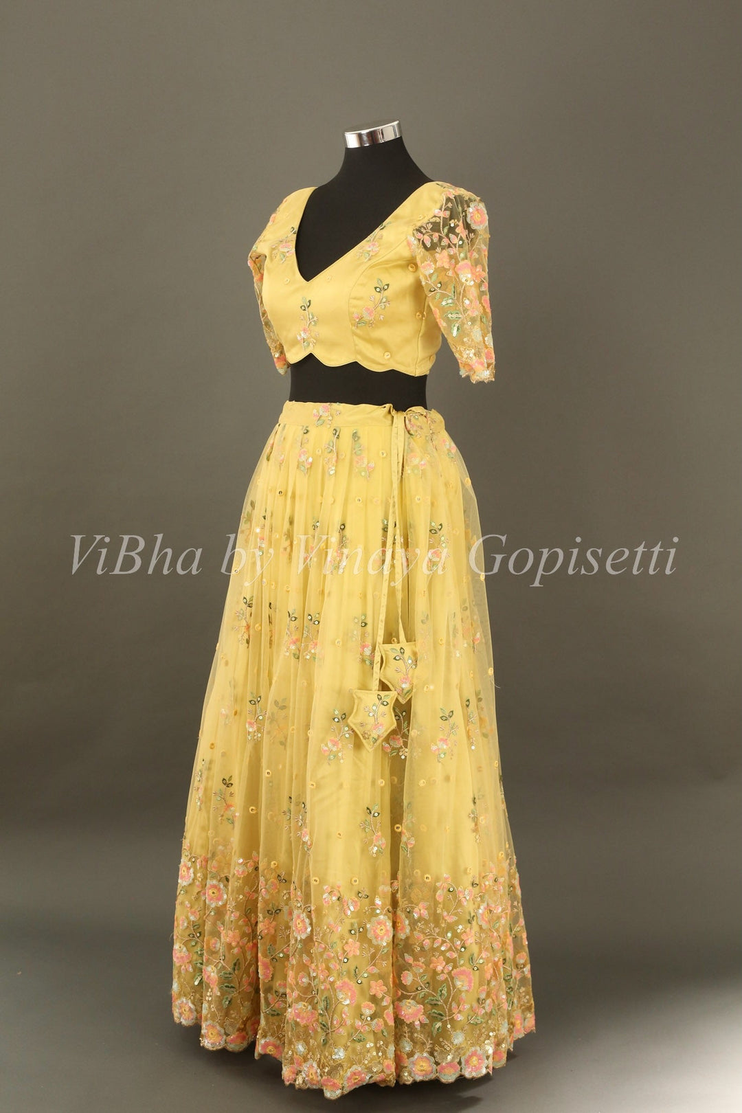 Bridal Lehengas - Macaroon Yellow Floral Embroidered Lehenga Set