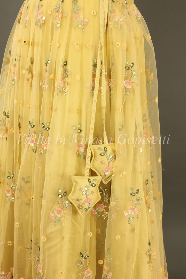 Bridal Lehengas - Macaroon Yellow Floral Embroidered Lehenga Set