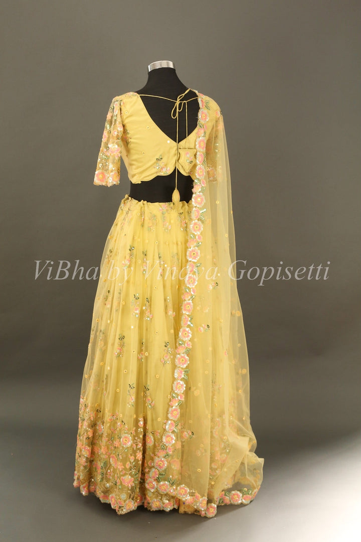 Bridal Lehengas - Macaroon Yellow Floral Embroidered Lehenga Set