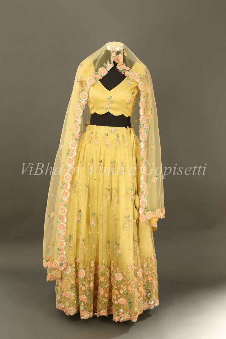 Bridal Lehengas - Macaroon Yellow Floral Embroidered Lehenga Set